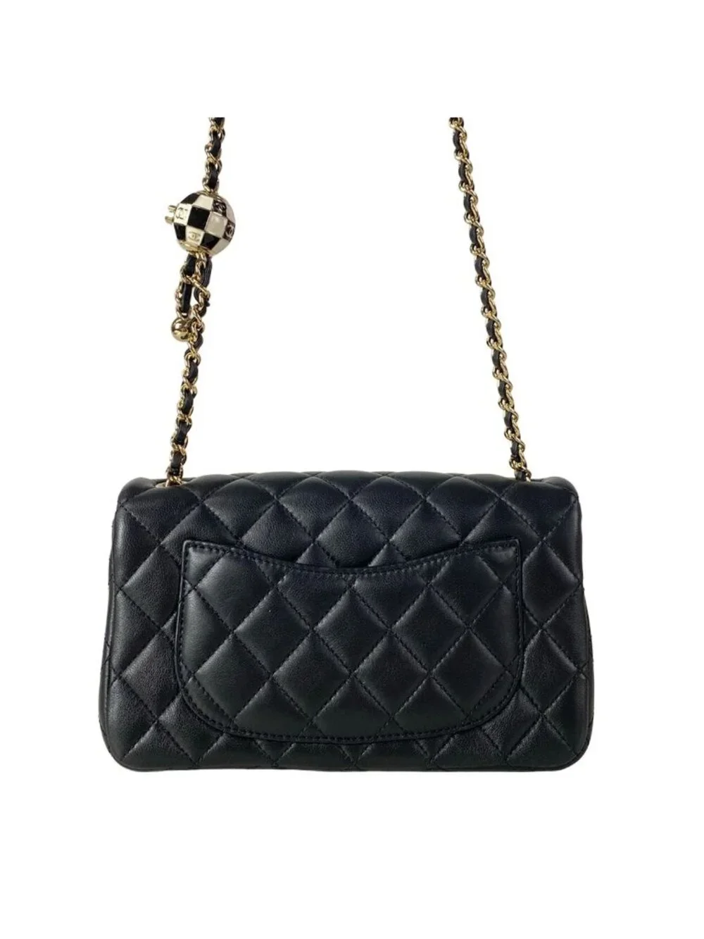 Chanel Shoulder Bag Mini Quilted Black Ball Chain Gold Metal Lambskin
